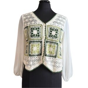 Crochet Floral Blouse with Green and White Accents Size S/M